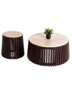 BB - COFFEE TABLE SET OF 2  KREST MASIF ACACIA WOOD-TRAVERTINE 90CM &50CM