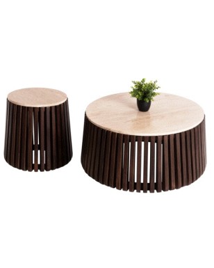BB - COFFEE TABLE SET OF 2  KREST MASIF ACACIA WOOD-TRAVERTINE 90CM &50CM