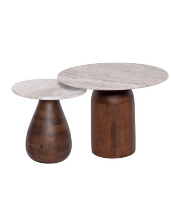 BB - COFFEE TABLE SET OF 2  MALED GREY-WHITE MARBLE -MANGO WOOD 40CM&60CM