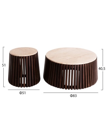 KREST Coffee Table set of 2 90cm&50cm |  Masif Acacia Wood,Travertine top 