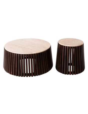 KREST Coffee Table set of 2 90cm&50cm |  Masif Acacia Wood,Travertine top 
