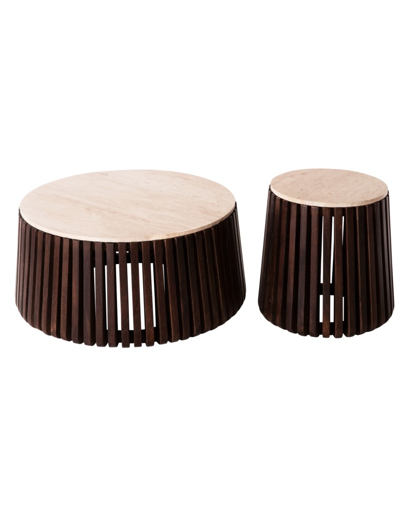 KREST Coffee Table set of 2 90cm&50cm |  Masif Acacia Wood,Travertine top 