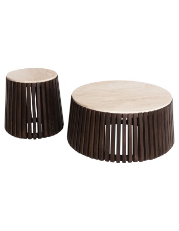 KREST Coffee Table set of 2 90cm&50cm |  Masif Acacia Wood,Travertine top 