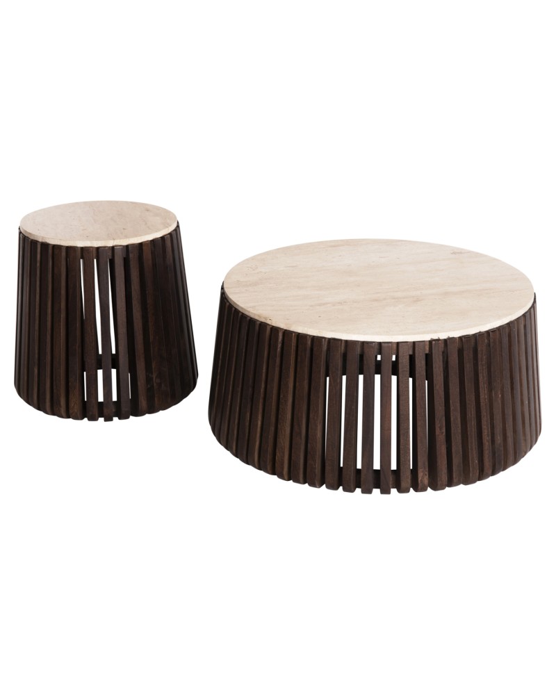 KREST Coffee Table set of 2 90cm&50cm |  Masif Acacia Wood,Travertine top 