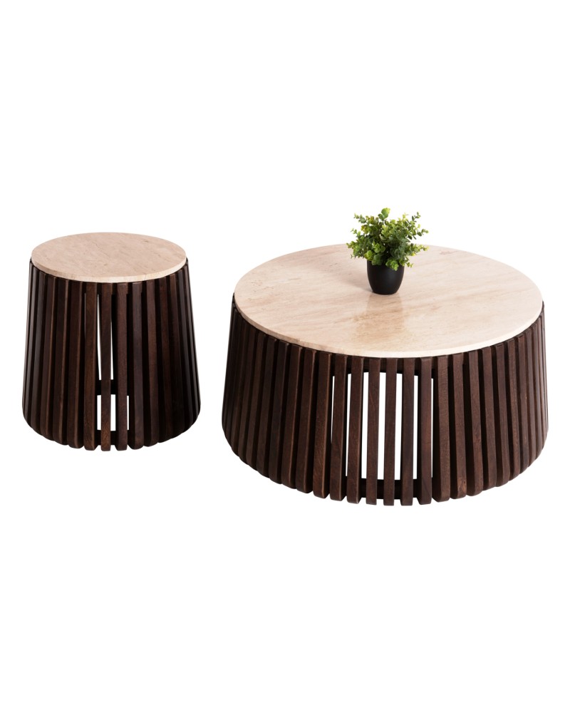 KREST Coffee Table set of 2 90cm&50cm |  Masif Acacia Wood,Travertine top 