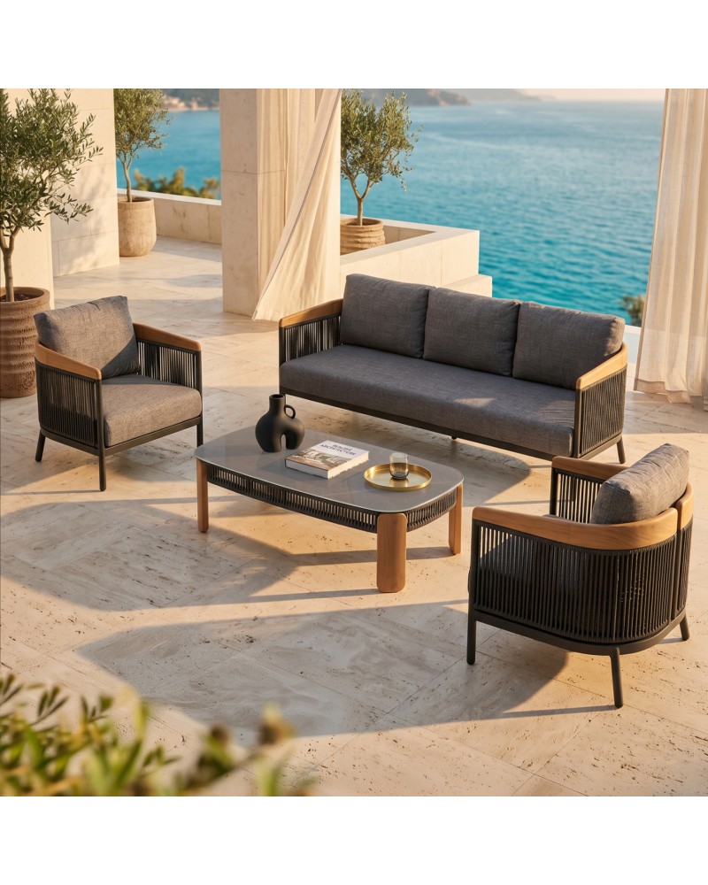 ETHEREAL Lounge Sofa Set | Aluminium with teak wood and charcoal sinstered stone