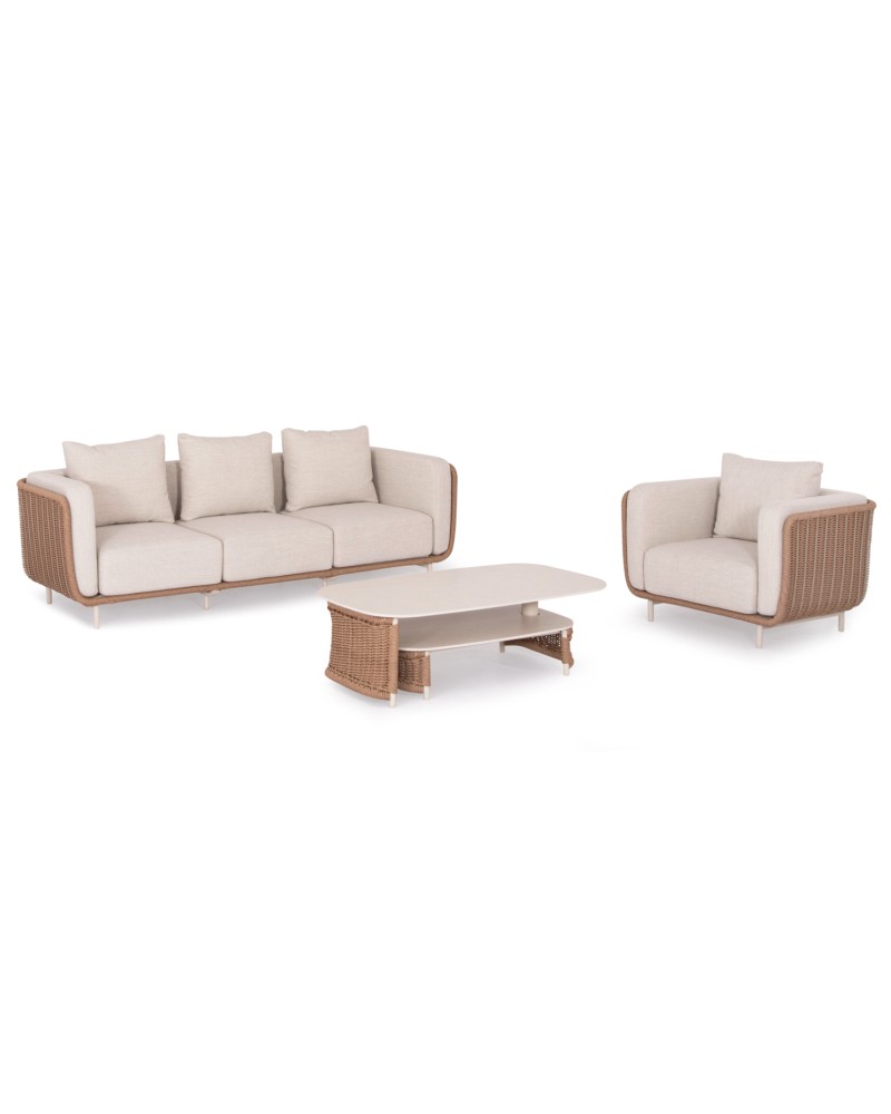 NEXUS Sofa Set | Aluminium Ivory with sinterered stone top & beige rope