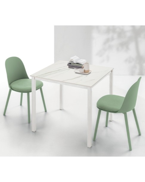 PELLICANO Dining Table 90x90cm | Top stoneware calacatta white with white metal frame
