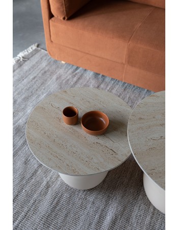 KARULA Low Side Table | Travertin top, Beige metal